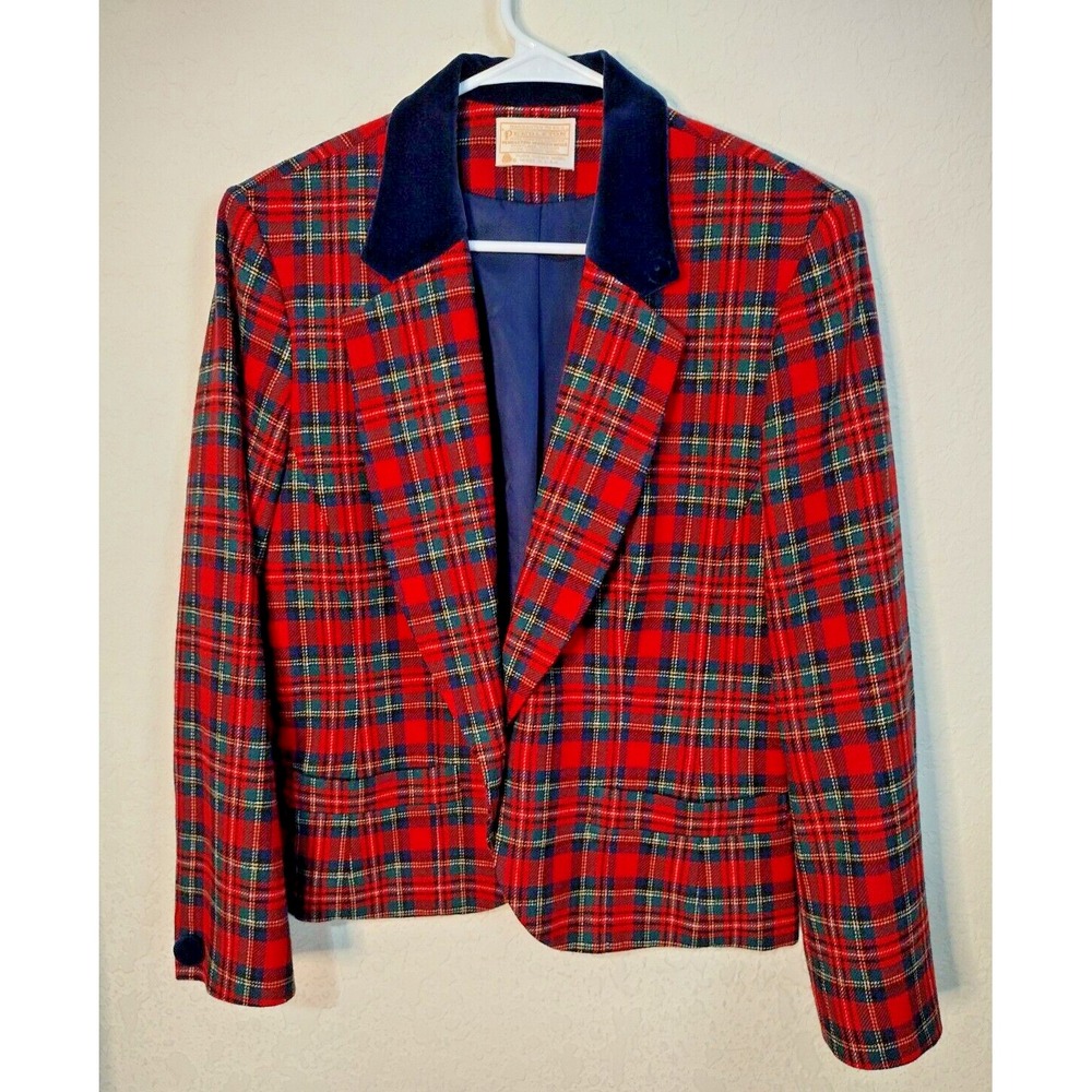 Pendleton Vintage Red Tartan Plaid Wool Blazer Navy Velvet Collar USA Womens